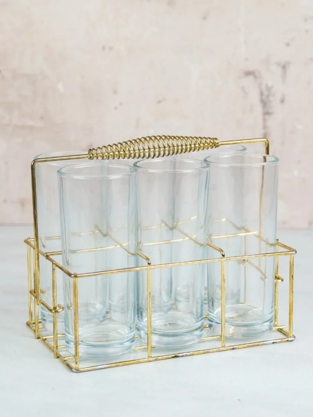 Gold Wire Drink Caddy With Glasses 6 Piece Set
